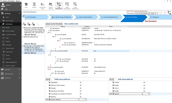 The InfoServ CRM Distributor with rules that route incoming calls to agent groups and to the voice assistant
